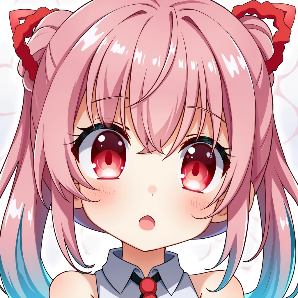 The was naked, with pink hair and blue ends, tied in pigtails, big red eyes, small breasts, rosy nipples, a dripping wet pussy and a tuft of pubic hair.