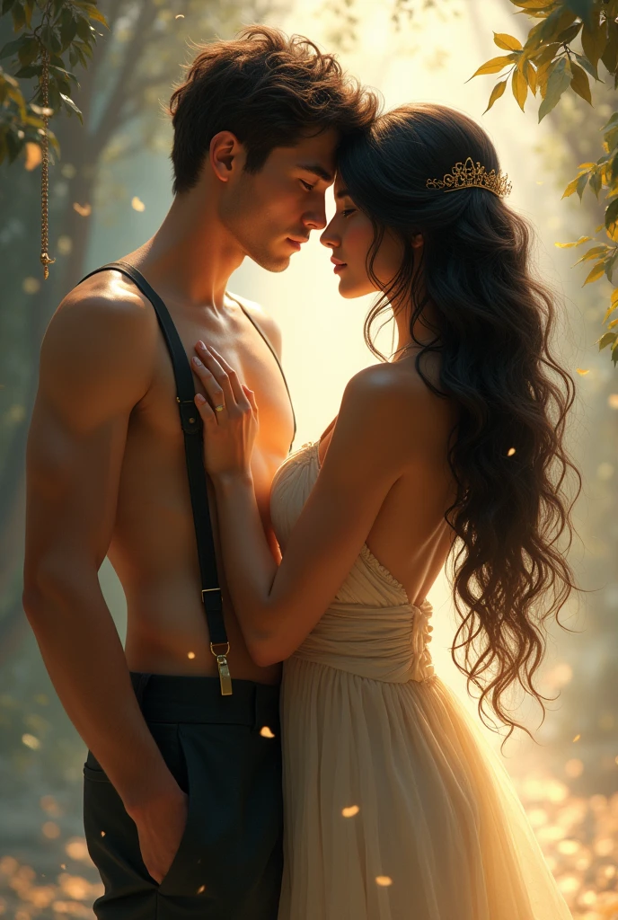 fantasy couple, young muscular man blue eyes brown hair wearing a suspenders pants without a shirt, woman black golden hair, whole body
