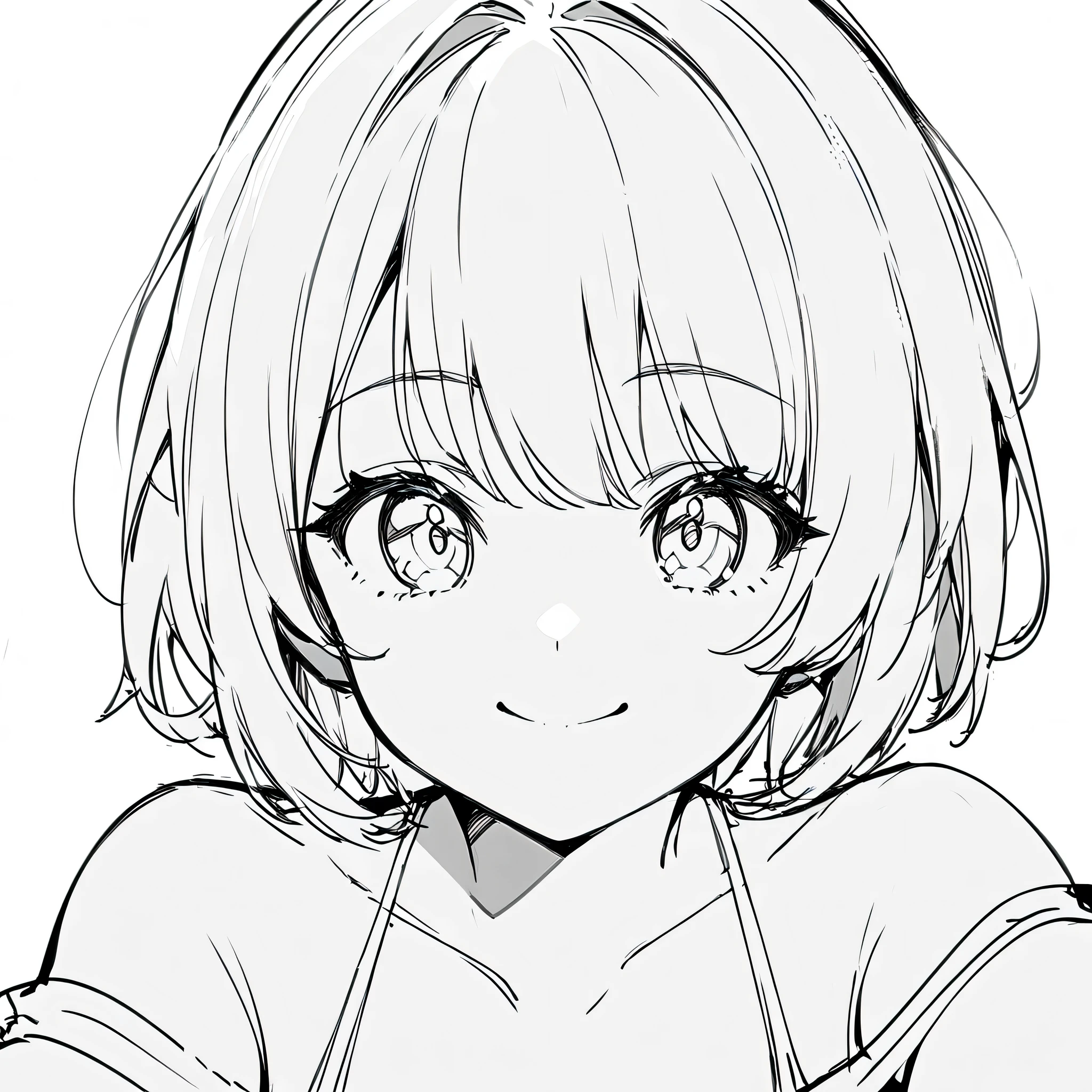 looking at viewer, 1girl, smile, Very Short hair, White Swimsuit, Sketch, ((lineart)), monochrome, very thin line drawing, Simple white color background,