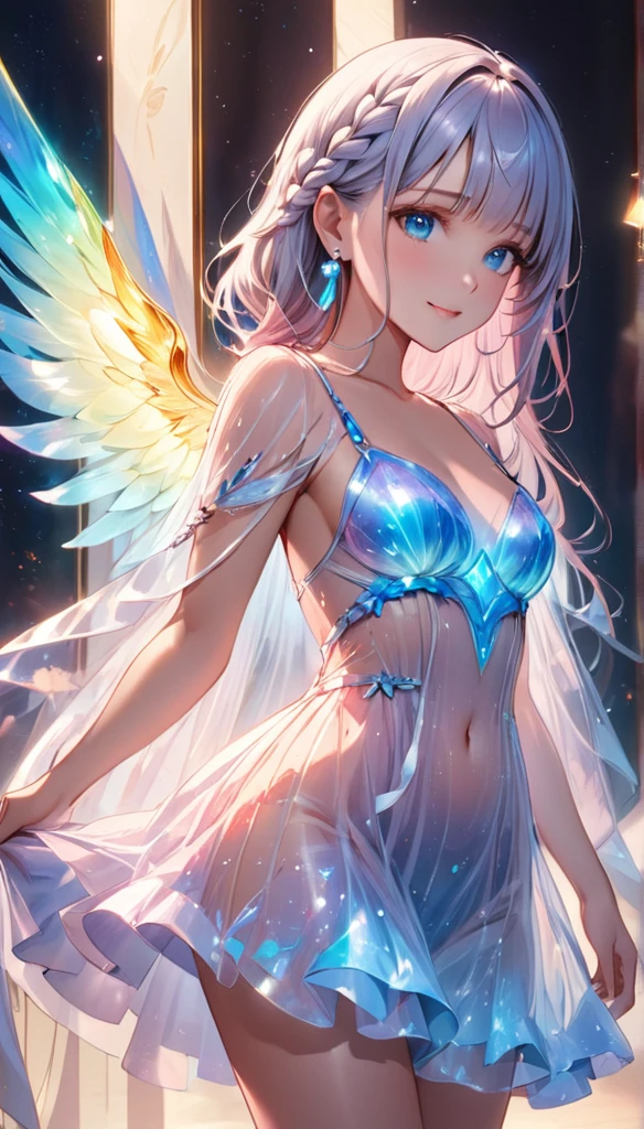 (masterpiece:1.5), (ultra quality), 8K, high resolution, ((super fine illustration), (depth of field),
perfect anatomy,
((1girl)), solo, (delicate beauty girl), (ars_old l),
(silver hair), (extreme long hair), (bangs), (french braid), (floating hair:1.2),
(fine detailed eyes), (blue eyes),
(beautiful face), small bast, (slender),
(from diagonal side), (cowboy shot), (looking ahead),
collarbone, creavege, navel,
(greek mythology costume), (bioluminescent dress), (white clothes), (sheer_fashion:1.6), (see-through:1.8), (fluorescent wing:1.5), (three pairs of wings:1.5), (seraphim:1.4), light smile, spread arms, jewelry, earrings,
(best shadow:1.2), (soft shadow:1.3), (beautiful shadow:1.3), (Prismatic light:1.4), (sparkling light), (beautiful light:1.2), (fantastical light:1.2),
(beautiful reflection:1.3), (prismatic reflection:1.4), (soft reflection:1.3), (natural reflection:1.4),
(sense of depth:1.2),