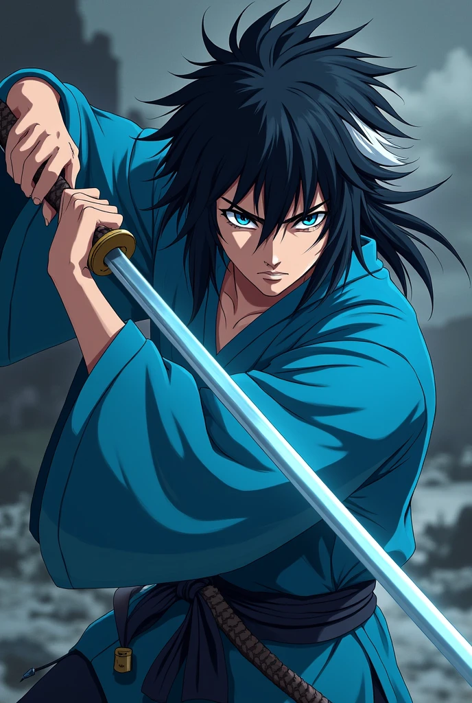 I need a demon hunter from the anime Demon Slayer with black hair and a white lock with black and blue eyes whose haroi is light blue with blue and his katana is light blue.
