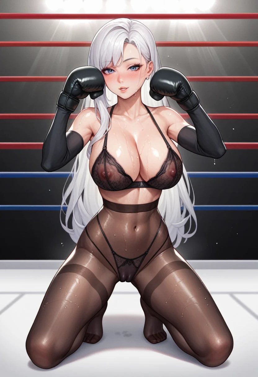 korean beautifull girl,18 years old,Pretty Face,Good shape,detailed picture, Seductive expression, blush,White long hair, Wearing sexy lingerie,Soaked,Wear black pantyhose,No shoes, Wearing black boxing gloves,Black sleeves on arms, Kneeling on the boxing ring and doing sexy moves,Large Breasts,Cleavage,Long legs,Thin waist,nipple,Camel toe