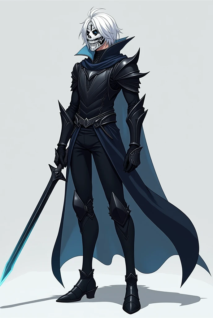 An anime character who is a magic knight, half ice and half shadows, on your face half a mask of bones White hair and half a mask of bones Show half of your face with a lumberjack beard Looking like a 17 year old, 
The mask only on the left side Only white hair and black beard Remove the beard Full body image Wearing black armor, and in each hand an ice sword another black one Wearing black shoes and armor on his legs No beard and younger No cape and black clothes Black swords 
 
