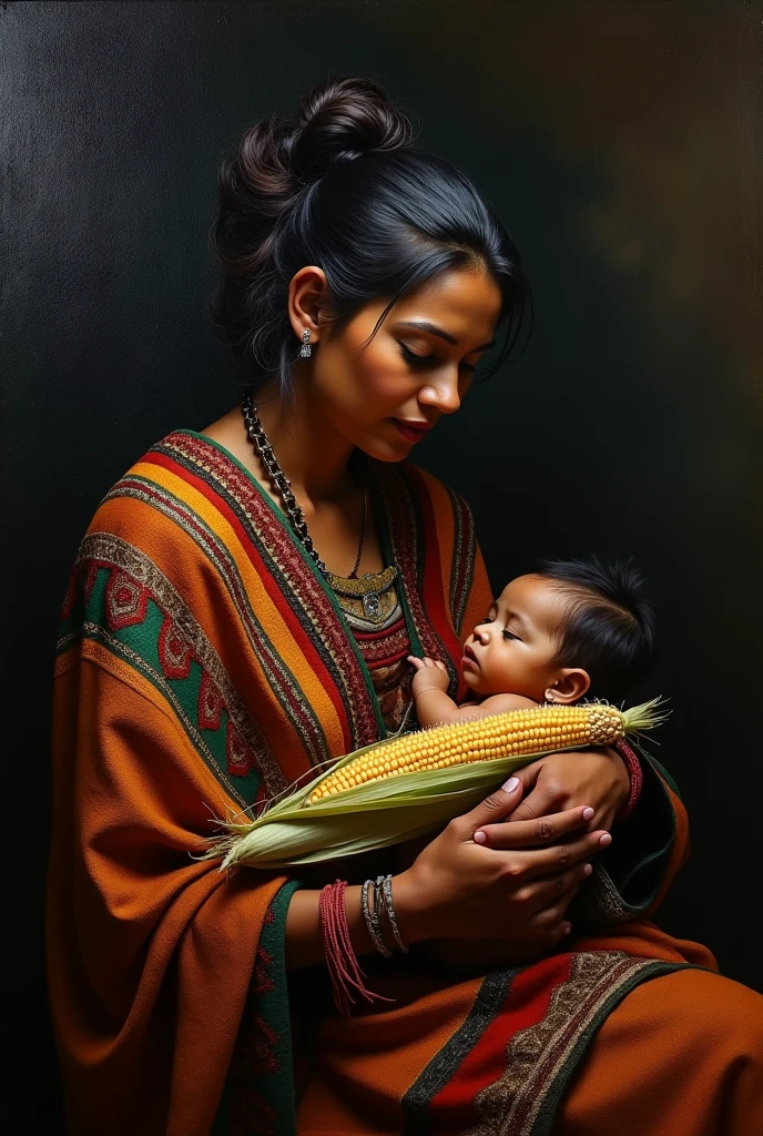 masterpiece, realist, high contrast, Caceres angel painting style, Mexican Rarámuri indigenous woman, with Mexican woven shawl, and held a corn cob,breastfeeding your baby, style work of angel of caceres, dark background, Abraham bloemaert, Rembrandt, Black background, shocking look,