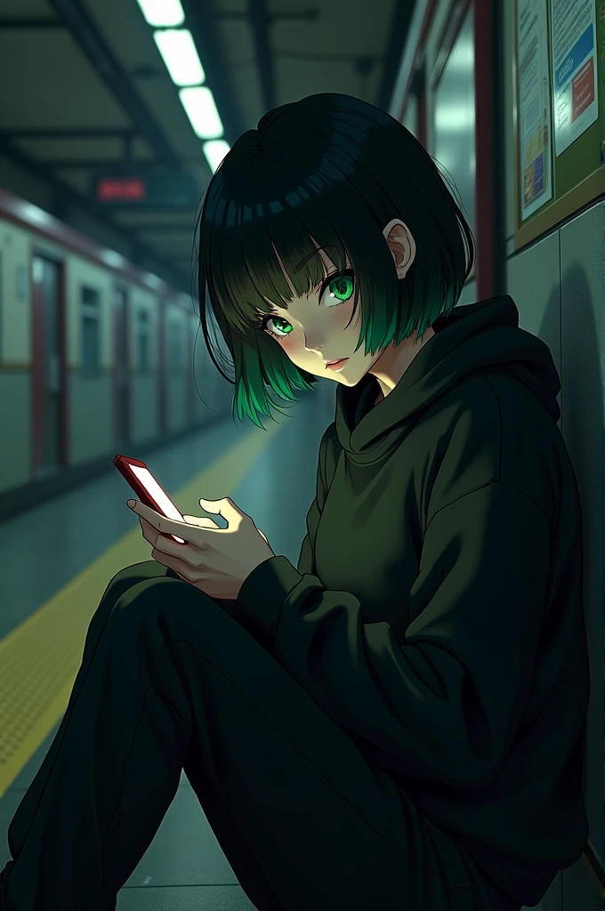 A girl with short black hair with green tips green eyes wearing a black sweatshirt black baggy jeans subway background,is sitting, he is looking at his phone, there is little light,It's night,Your phone slightly illuminates your face, Anime comic style