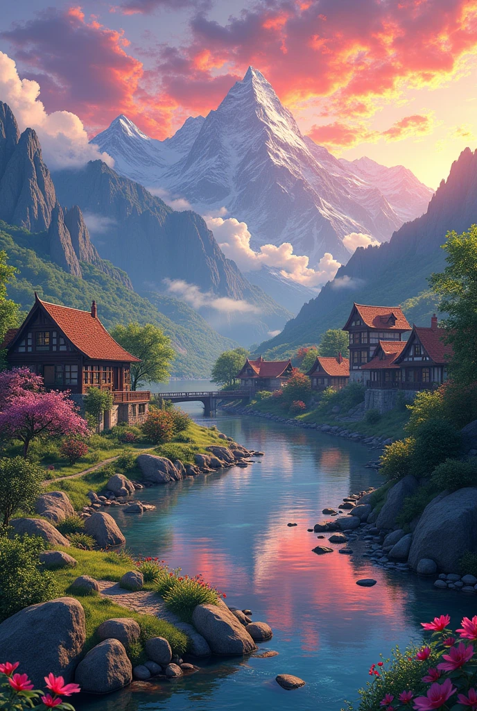 a small village by the river, mountains in the background, floral flowers colorful, detailed landscape, Beautiful natural landscapes, atmospheric lighting, scorching sunset, warm colours, practical, photopractical, Detailed Foliage, complex buildings, cobblestone street, Charming country house, swirly vibrant colors, lush vegetation, Still water reflections, Picturesque, idyllic, work of art, best qualityer, 8k, extremely detaild,anime styling