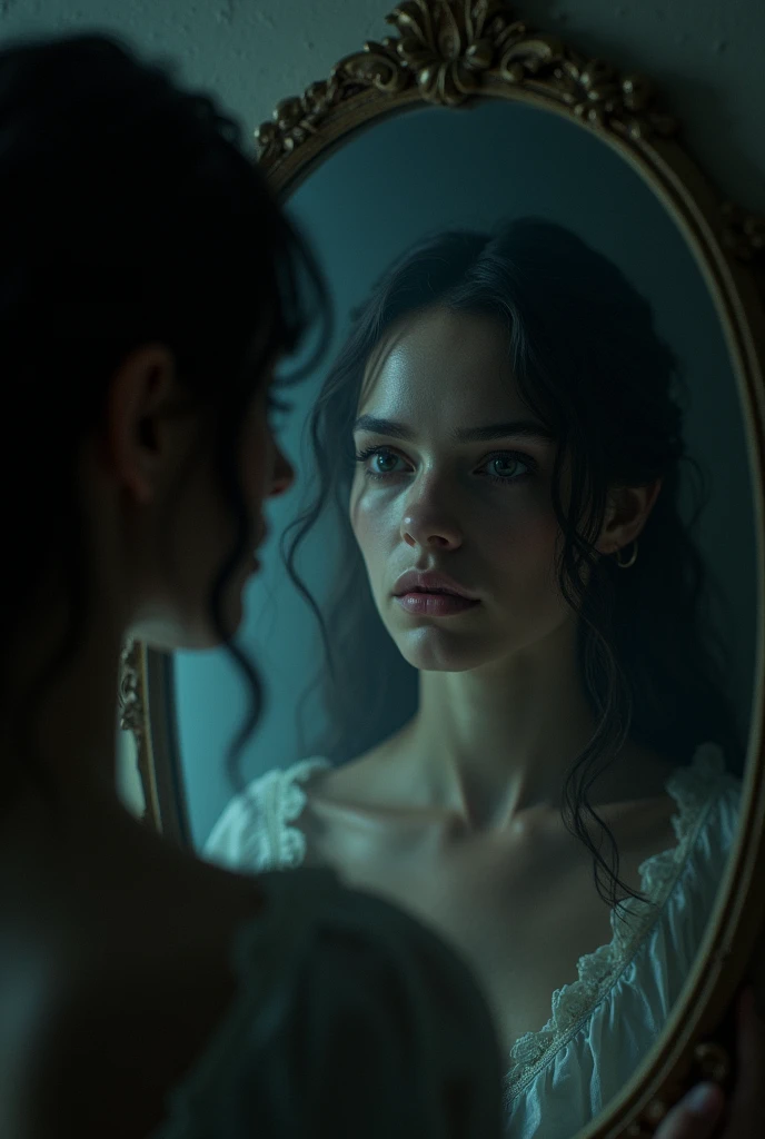 An individual looking at her reflection in a mirror where the reflection shows a distorted and dark version of herself representing the struggle with her own inner demons.