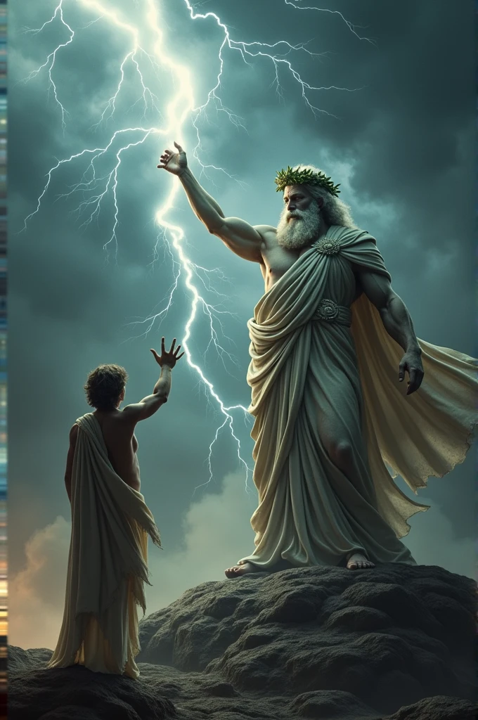 Characters: Zeus, Prometheus - Description: Zeus condemns Prometheus - Epoch: Greek Antiquity - Clothing: Tunic and laurel wreath for Zeus - Place: Mount Olympus - Action: Zeus aims his lightning bolt at Prometheus - Background: The throne of Zeus and the stormy sky - Plan: Zeus Close-up - Style: hyper-realistic, Photo realism, cinematography