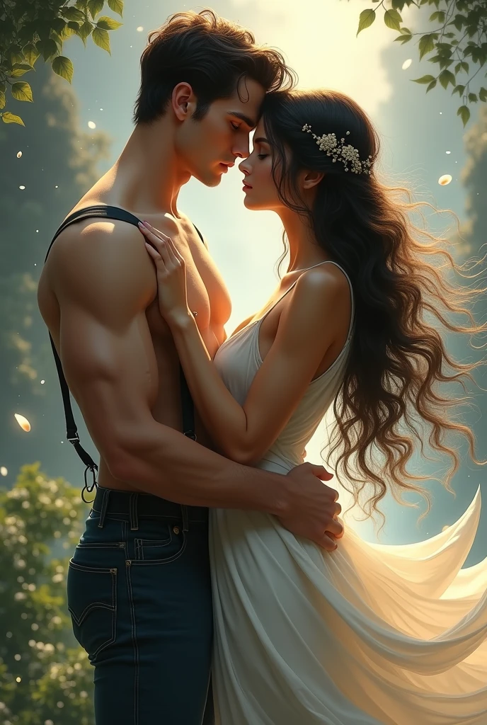 fantasy couple, young muscular man blue eyes brown hair wearing a suspenders pants without a shirt, woman black golden hair, whole body
