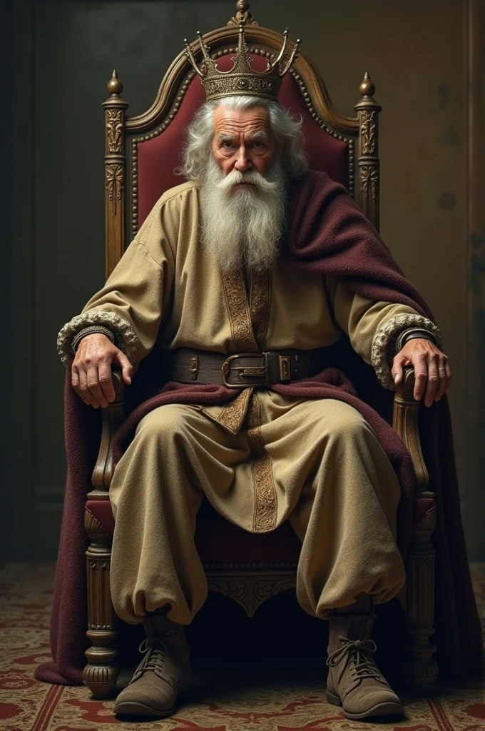 A king on the throne, and an old man in front of the king. The old man wears old, worn-out clothes, dirty and old