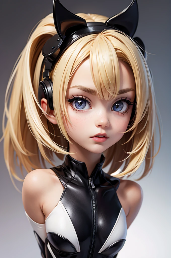 hyperrealistic 14 year old american , blonde, little, perfect tiny body, sexy, dark makeup, perfect slim face, big red lips, very cute face, tiny body, big eyes, young looking, childish looking, bodysuit