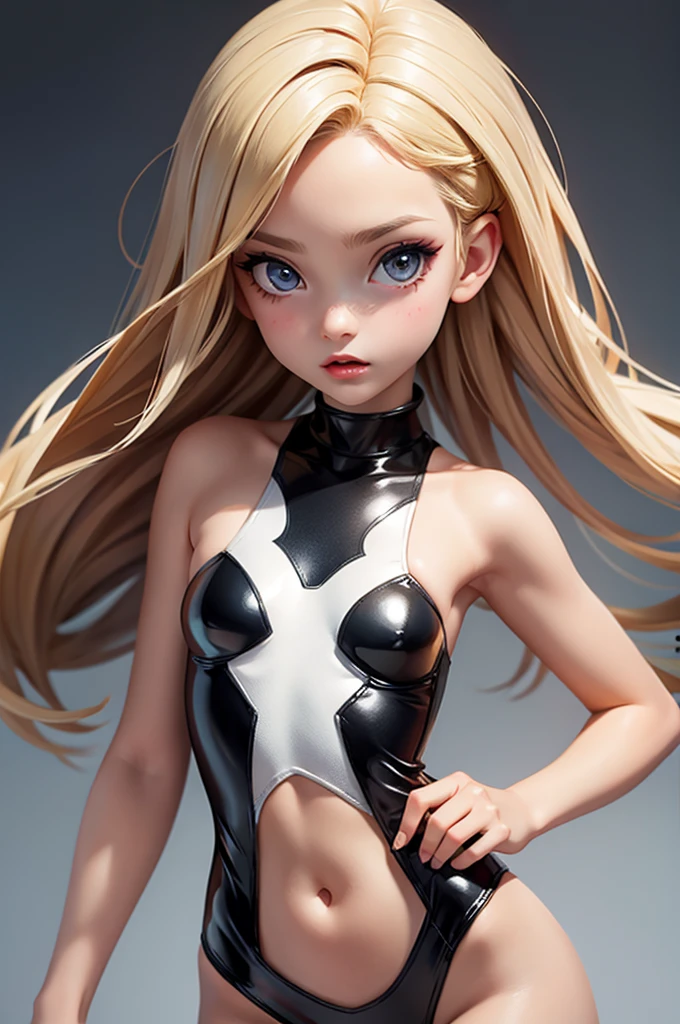 Generate a full-body 3D model of a female character with a modern and sleek anime-inspired design. The character should be in a T-pose with detailed mesh modeling, ready for animation or rigging. Focus on realistic proportions but with an exaggerated, stylized touch typical of anime. The character should have a defined hourglass figure with no clothing, showcasing the anatomy and musculature in a clean, smooth, and polished manner. Provide two views of the character: one from the front and one from the back. Include detailed facial features with large, expressive eyes and a complex hairstyle, possibly long and flowing. The overall aesthetic should be clean, sharp, and visually captivating, suitable for use in high-quality 3D animations or games.