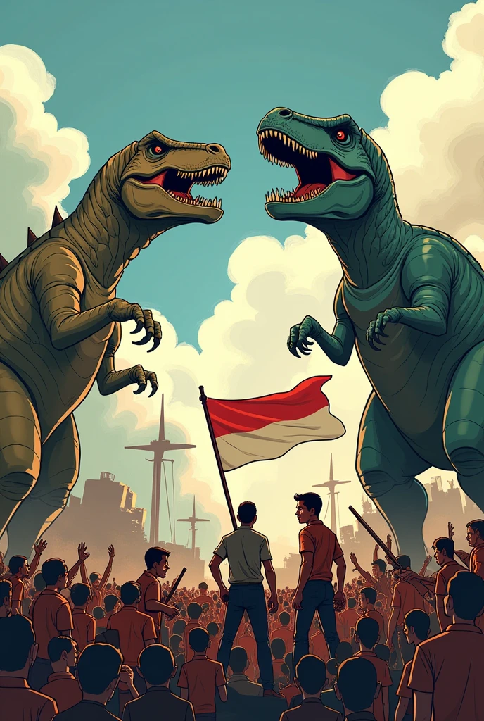 indonesian independence struggle cartoon against dinosaurs