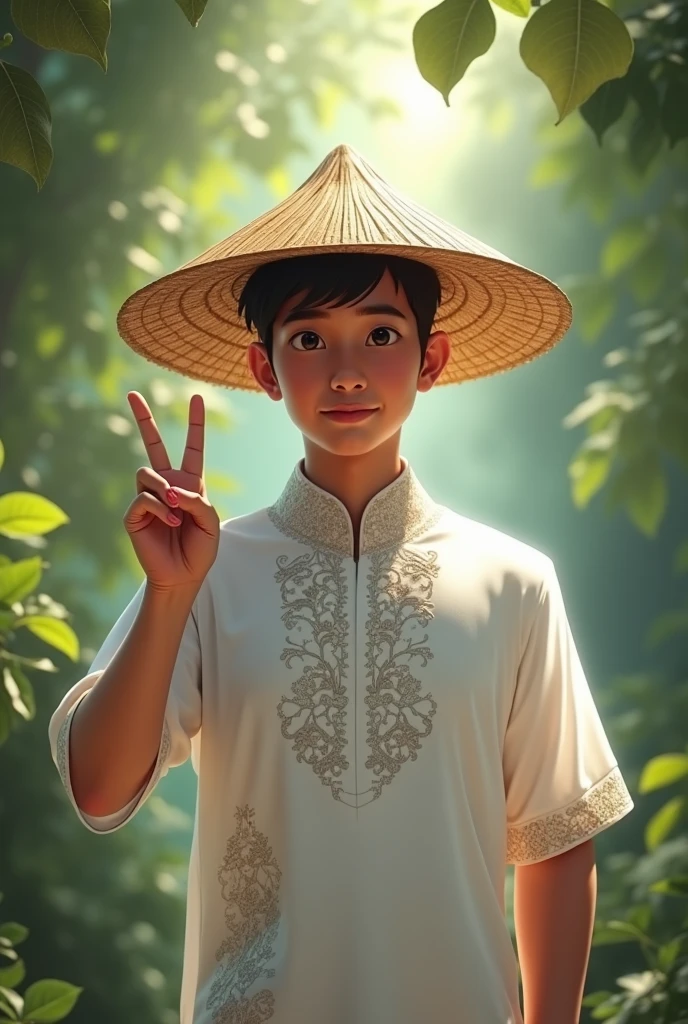 All strawhat wearing Philippine white Barong with peace sign