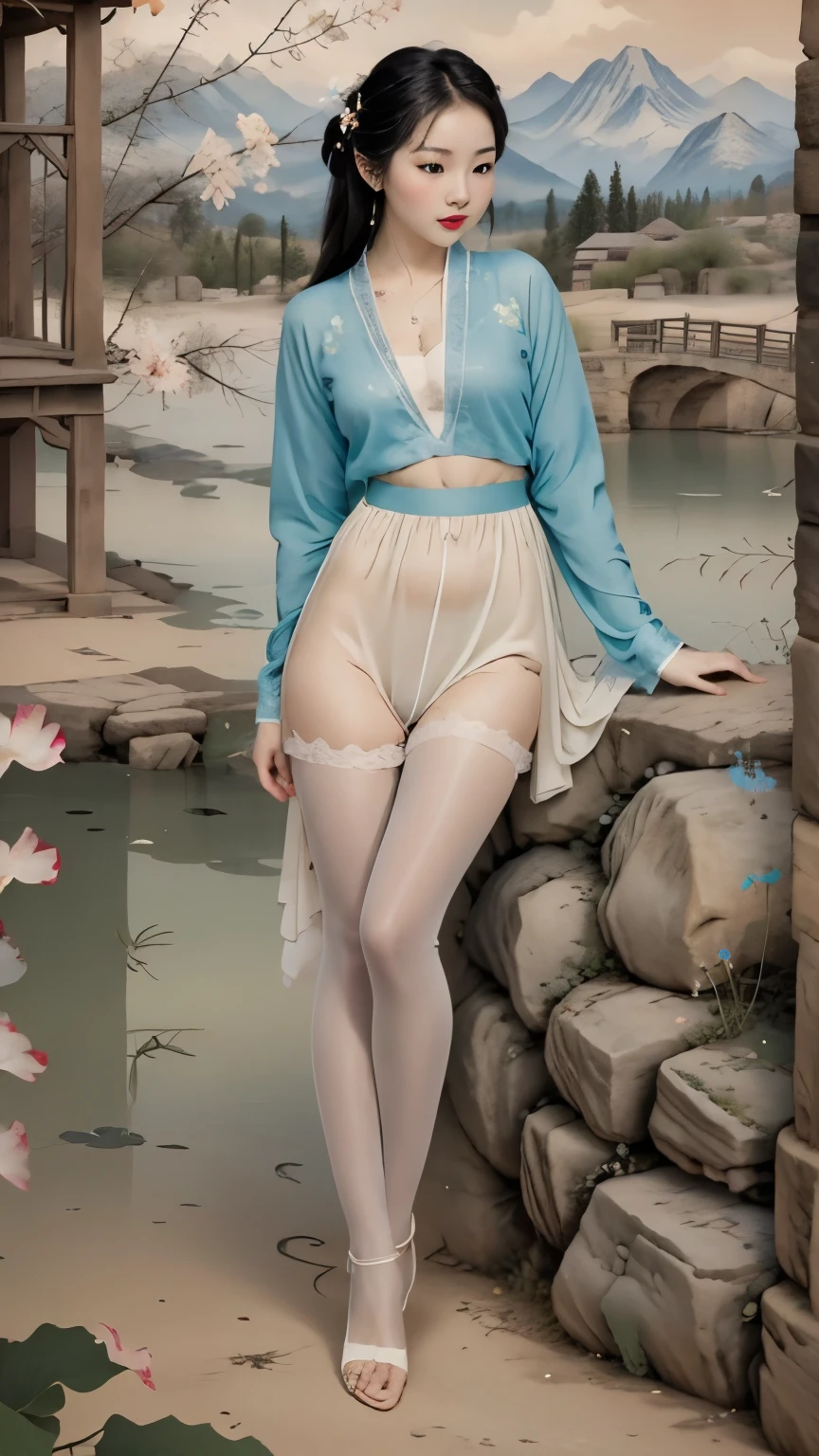(masterpiece, best quality:1.2), 1 Girl, Solitary,stocking,permanent,Surrounded by flowers,come down_petal, outdoor, petal,