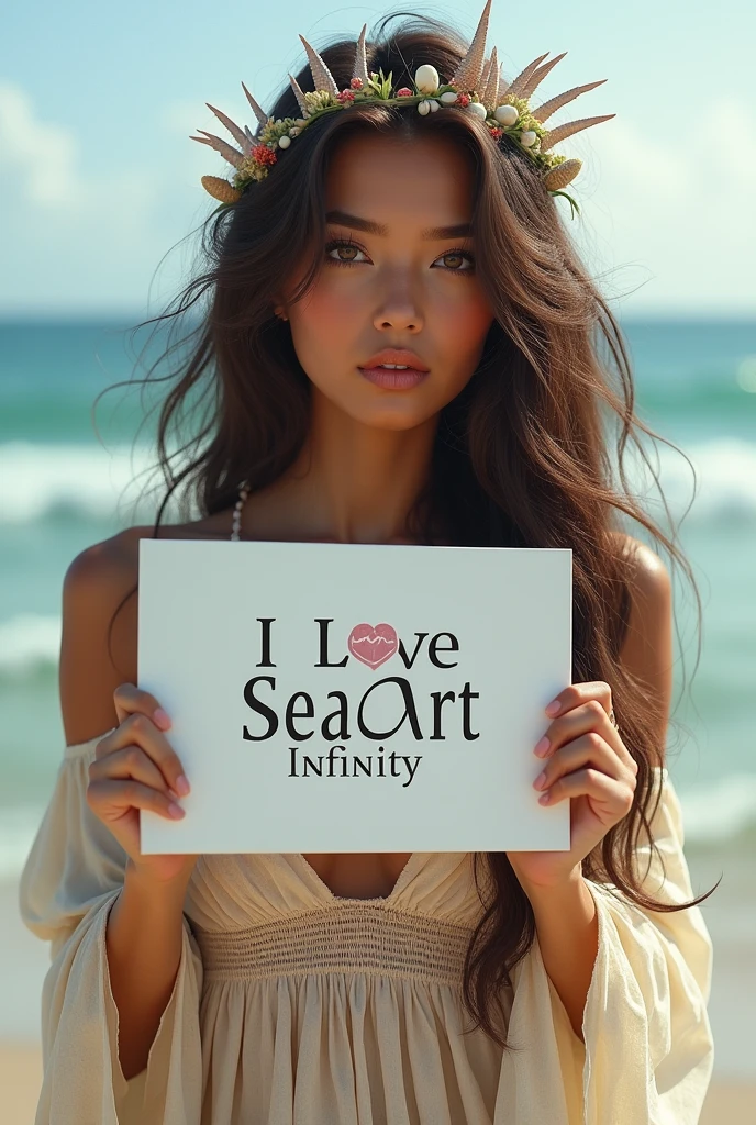 Beautiful girl with wavy long hair, bohemian dress, holding a white board with text "I Love Seaart Infinity" and showing it to the viewer