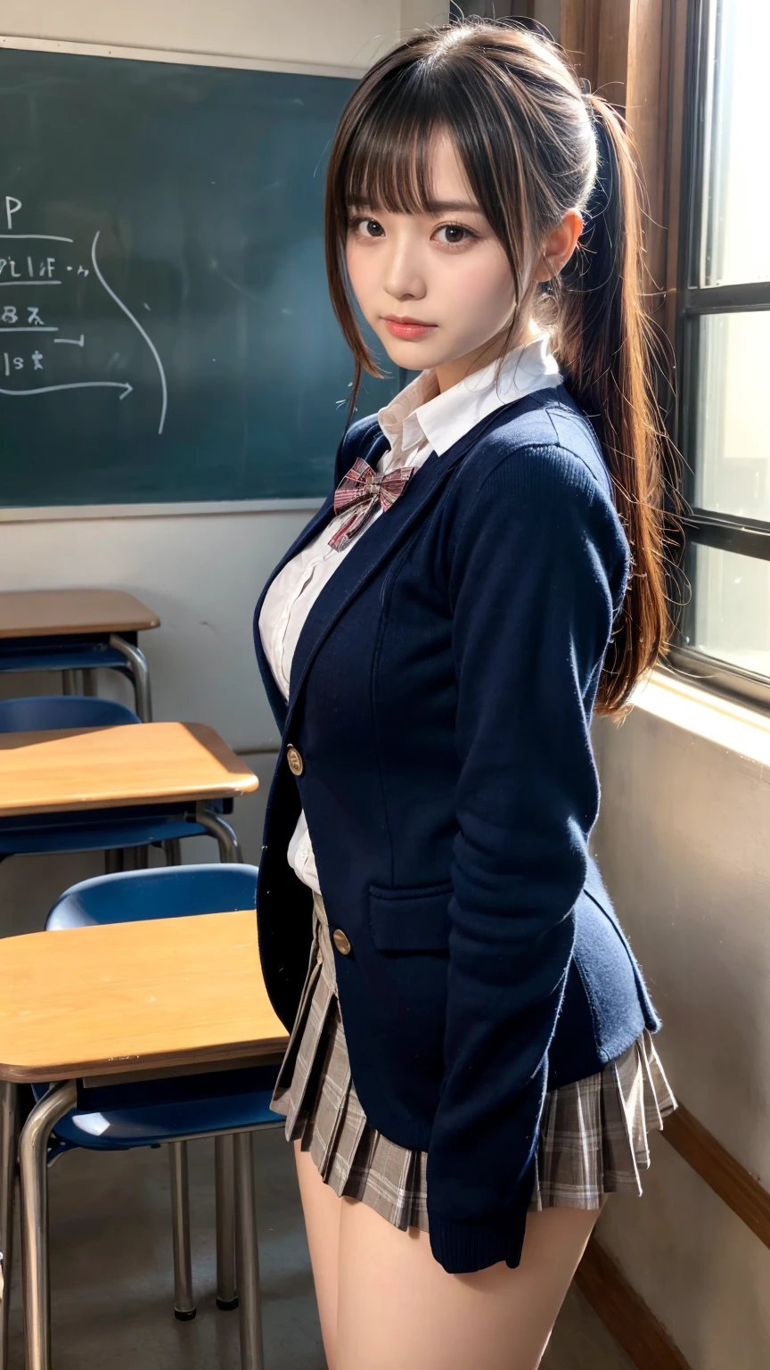 masterpiece, best quality, illustration, Super detailed, fine details, High resolution, 8K,wall paper, perfect dynamic composition,(Details High quality, realistic depiction of eyes:1.3), from side, High School Classroom、High school girl uniform、blazer 、Super Short Check Uniform Skirt、Navy blue high socks、garterbelts、plump breasts, Disturbed uniform, (updo:1.2), black hair color, large breasts, Big Natural Color Lip, bold sexy pose, (perfect body shape), crying a little、20 year old girl、cute type, beautiful legs, hposing Gravure Idol, Voluptuous thighs