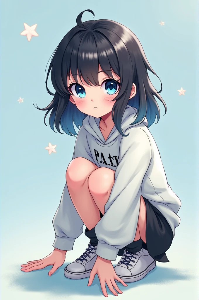 gender:Girl Eye Color:Blue Eyes Hairstyle:mullet hairstyle hair color:Black hair with silver gradation color:Cool clothes:Parker style:Cute illustration system:Crouching
