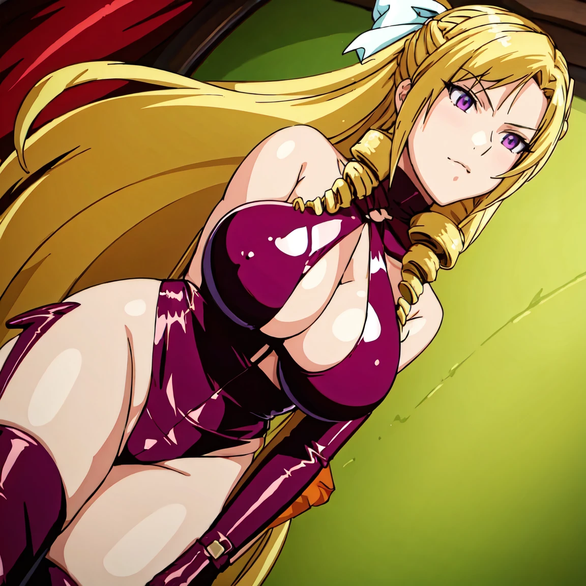 (masterpiece, Highest quality:1.2), One girl, alone, Elbow hand pockets. bondage, Thigh-high boots, Red clothes, White Hair Ribbon, Drill Hair, Purple eyes, Blonde, Long Hair, Large Breasts, bangs,