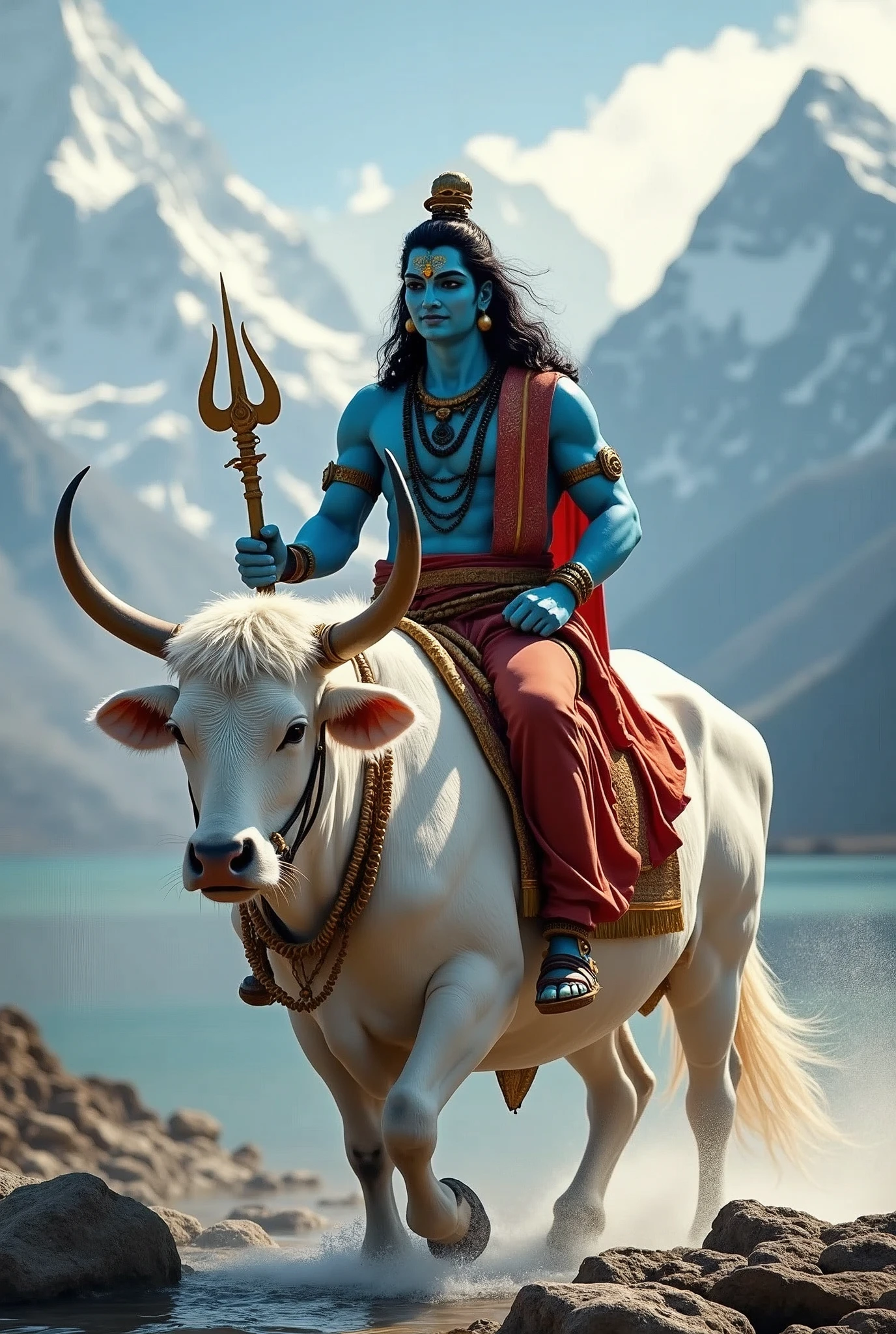 Lord shiv with lovely eyes and smile, most attractive face, ride on nandi maharaj, background kedarnath Temple