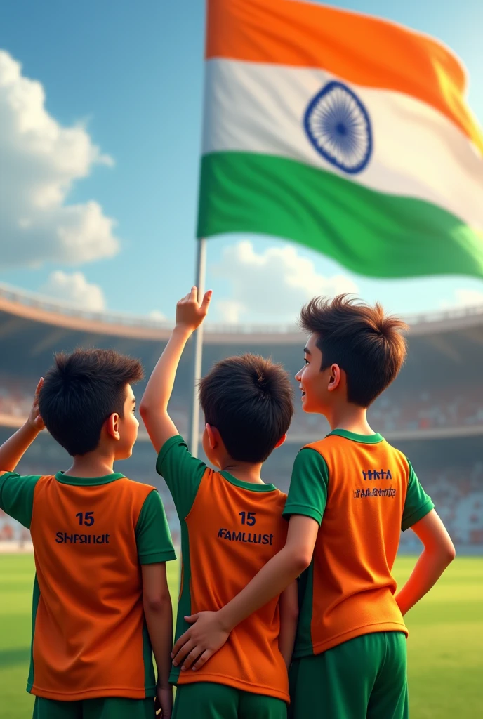 Yong big Boys saluting indian flag wearing a indias sport tishart, " SHOURYA 
HARDWARE"
 Name on t-shirt back said, back said view 15 August text on t-shirt boy stand on indian stediam 