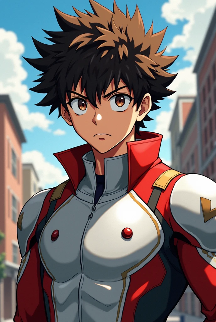 Gender: Male、Looks like a student、The skin color is wheat brown.、eye color is brown,、Her hair is brown and fluffy with a perm.！！、His expression was serious.、The suit is silver with red accents.、The cat mark is decorated。He uses his excellent camouflage.、Please make the illustration a little bit My Hero Academia。