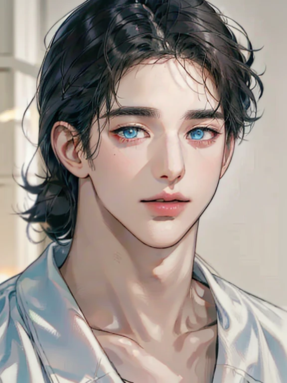 (best quality digital art digital illustration 4k high resolution beautiful image hyper-detailed image perfect lines soft lighting night environment focus face soft zoom) (1:1 photorealistic) (neutral colors hdr 1.4) a young adult man (thoughtful expression) black and white modern clothes black eyes medium black hair, blue eyes.