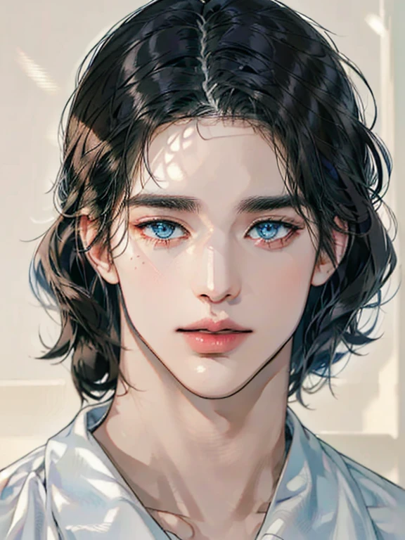 (best quality digital art digital illustration 4k high resolution beautiful image hyper-detailed image perfect lines soft lighting night environment focus face soft zoom) (1:1 photorealistic) (neutral colors hdr 1.4) a young adult man (thoughtful expression) black and white modern clothes black eyes medium black hair, blue eyes.