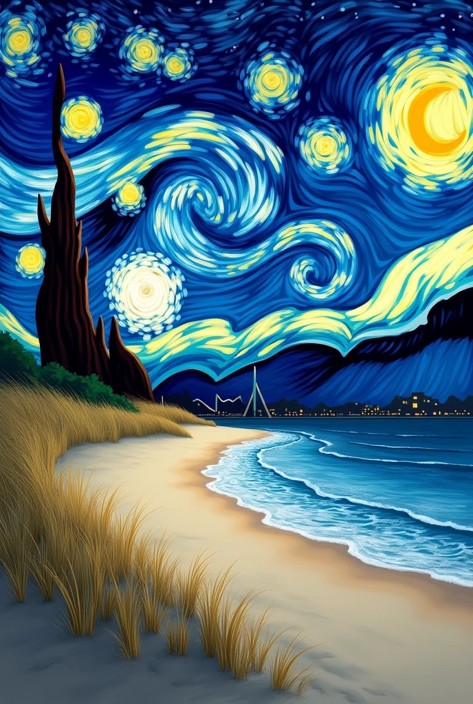 Starry night by van Gogh with beach more realistic and night time
