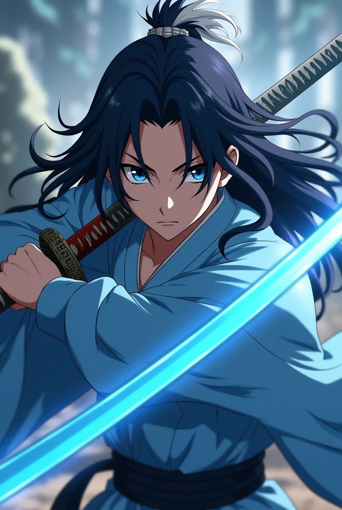 I need a demon hunter from the anime Demon Slayer with long black hair and a white lock with black and blue eyes that his haroi is light blue with blue and his katana is light blue and that he is a boy