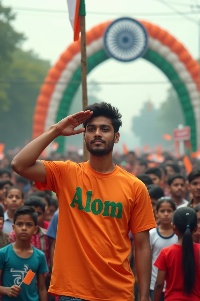 spirit of the day.

2. In a bustling town square, 18-year-old Vikram salutes the Indian flag as it's being hoisted. He's wearing a saffron t-shirt with "Alom" embroidered in green on the sleeve. Around him, a diverse group of children wave small flags. A decorative arch in the background says "Happy Independence Day". 4K image.