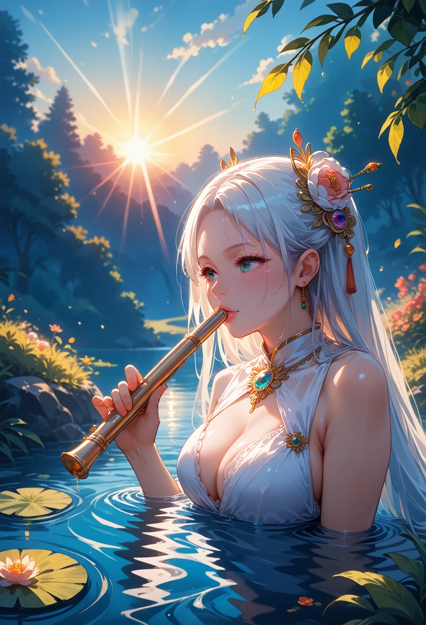 cinematic film still,score_9,score_8_up,score_7_up,masterpiece,best quality,8k,source_cartoon,source_アニメ, goddess,Beautiful Volasi, plays the flute, By the pond, Beasts, Listening intently, A picture of extraordinary beauty, Everything sparkles in the rays of the sun, masterpiece, with Full Detailing, Unforgettable Melody, pfstyle 1, The Brightest Colors, The palette seems to be alive,