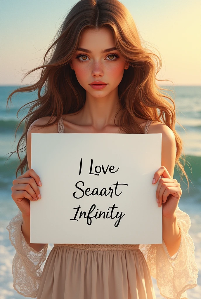 Beautiful girl with wavy long hair, bohemian dress, holding a white board with text "I Love Seaart Infinity" and showing it to the viewer