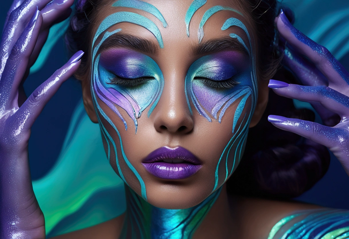 Makeup for a Liquid Dreamscape:
A face painted with flowing, liquid-like patterns in iridescent blues, purples, and greens, mimicking the movement of water. The eyeshadow resembles rippling waves, and the lips are shimmering and reflective. She poses with both hands gently cupping her face, eyes closed in serene reflection. [Fashionable, ultra-realistic photography, surreal, fluid beauty], [Soft, fluid lighting, iridescent colors, focus on liquid textures, calm studio setting]