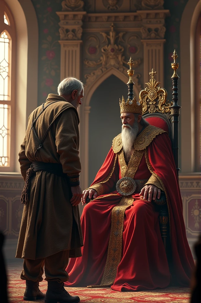 A king on the throne and an old man wearing old clothes, dirty and old...the man is in front of the king