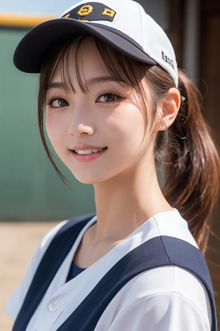 (photorealistic:1.4), best quality, raw 8k photo, (extremely detailed japanese beautiful girl), (extremely detailed eyes:1.1), (cute face:1.2), ultra-detailed, ultra high res, amazing, BREAK,
wear baseball hat, standing, baseball Ground,  bangs,ponytail , (school uniform:1.2), smile, detailed school girl,Short sleeve,I'm rooting for you、Sweat、Sunburn