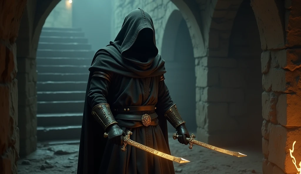 (Masterpiece:1.2), (best quality:1.2), 8ก, HDR, very detailed, ((realistic)), professional lighting, movie light, Fashion Photography, Ambient lighting, background, Dark medieval dungeon, darkness, epiCPhoto, electricity, stairs, Thief in cloth armor, Holding a golden dagger in each hand.