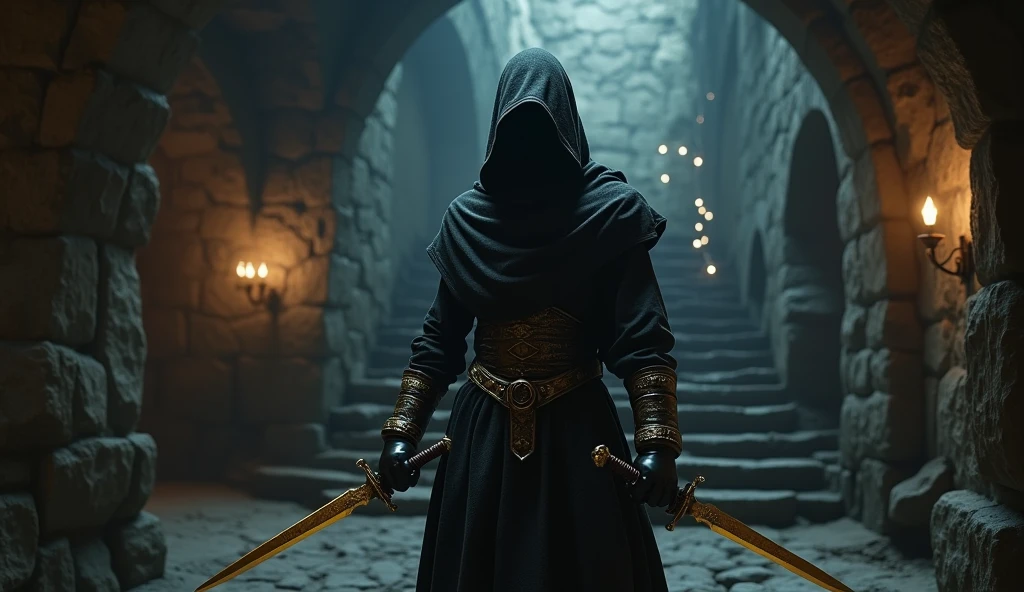 (Masterpiece:1.2), (best quality:1.2), 8ก, HDR, very detailed, ((realistic)), professional lighting, movie light, Fashion Photography, Ambient lighting, background, Dark medieval dungeon, darkness, epiCPhoto, electricity, stairs, Thief in cloth armor, Holding a golden dagger in each hand.