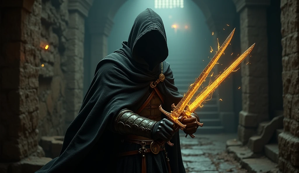 (Masterpiece:1.2), (best quality:1.2), 8ก, HDR, very detailed, ((realistic)), professional lighting, movie light, Fashion Photography, Ambient lighting, background, Dark medieval dungeon, darkness, epiCPhoto, electricity, stairs, Thief in cloth armor, Holding a golden dagger in each hand.