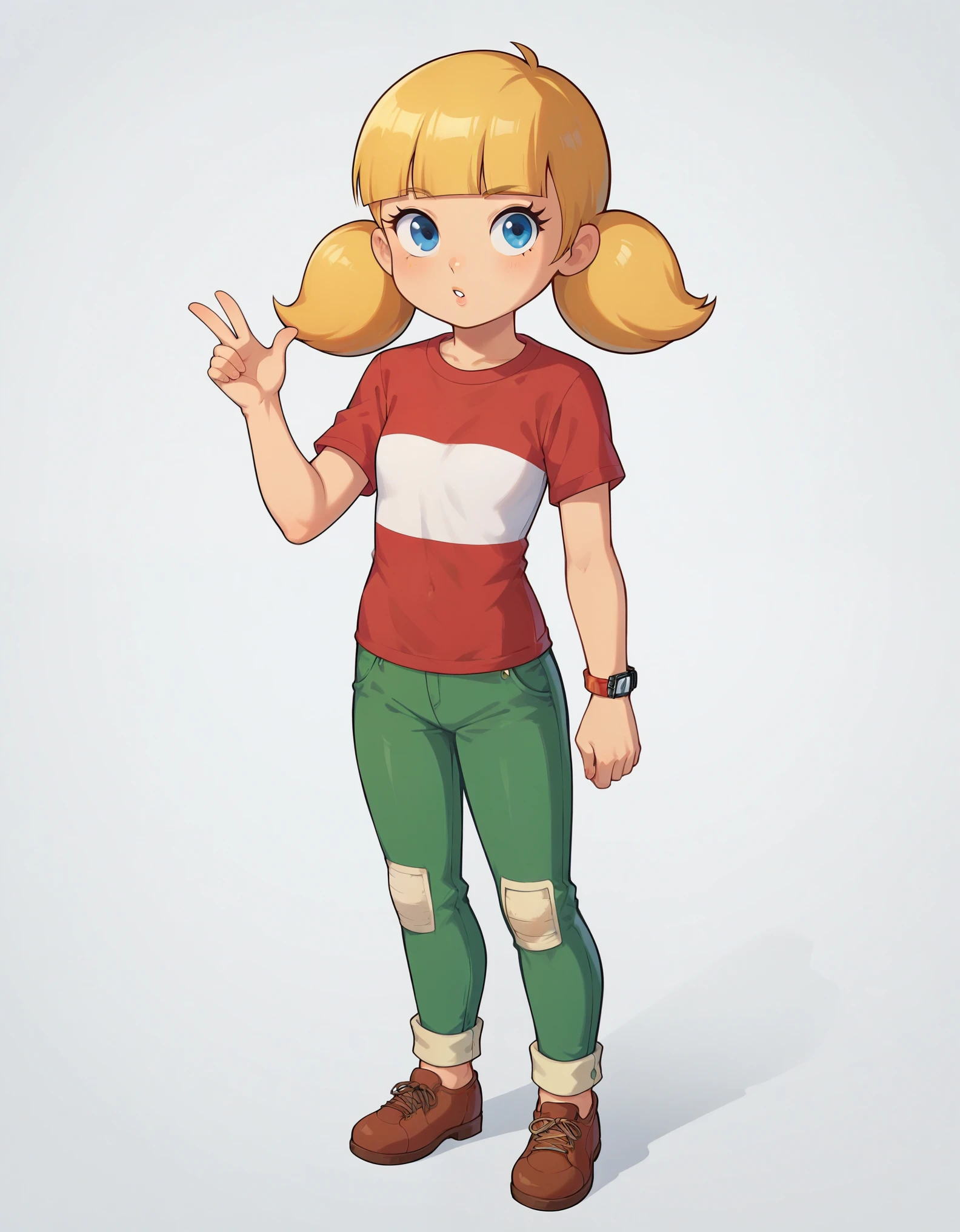 score_9, score_8, score_8_up, score_7_up, sgstyle, BREAK, 1girl, solo, female focus, 1girl, penny_ig, BREAK, 
1girl, chibi, 
penny, blonde hair, twintails, blunt bangs, blue eyes,
red shirt, short sleeves, green pants, reinforced knee, brown shoes, wristwatch,
standing, full body, solo, looking at viewer, simple background, white background 