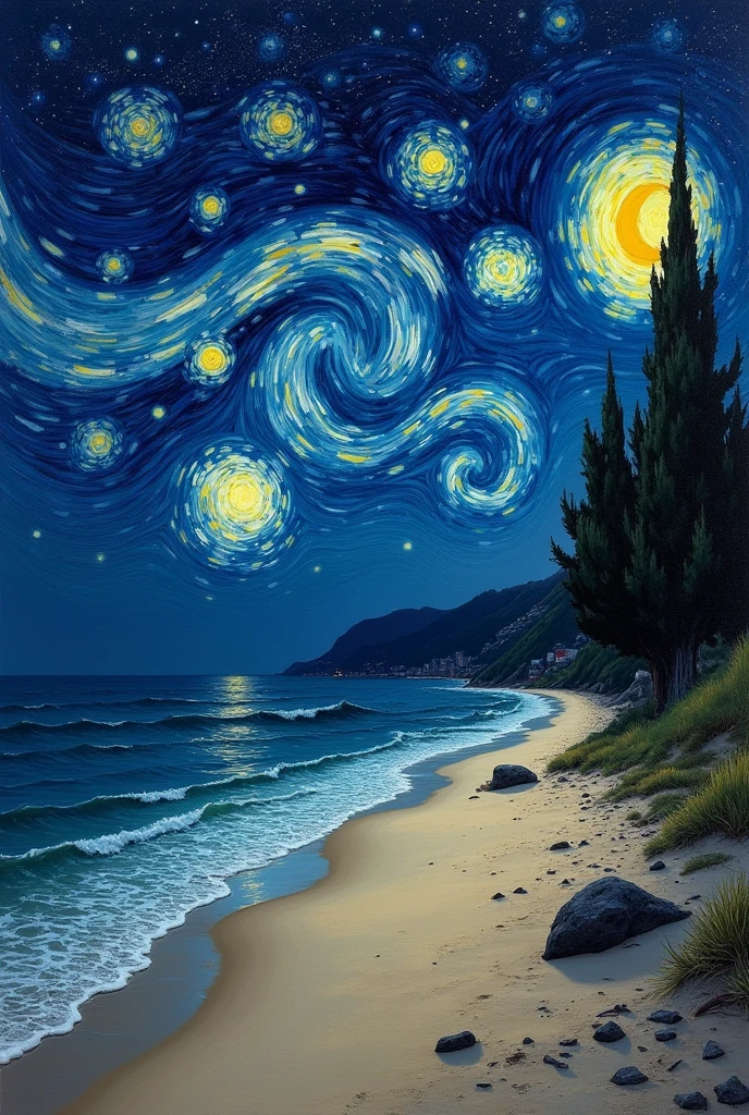 Starry night by van Gogh with beach more realistic and night time
