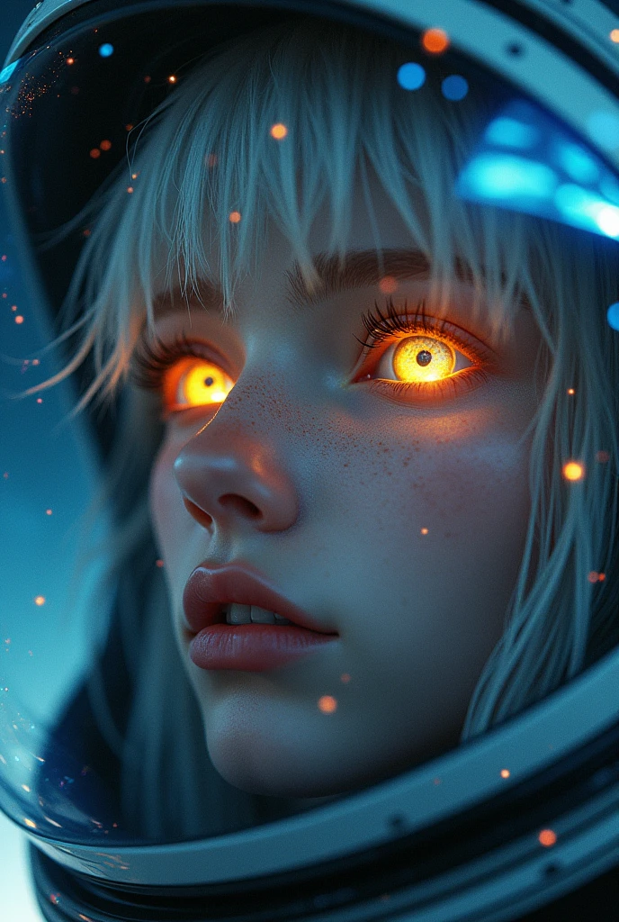 (Close-up of a better masterpiece:1.5)0.9], (Space and astronauts:1.2) (Messy silver hair:1.1) (Heterochromia xanthochromia and blue eyes:1.2) (Space Helmet:1.0) (Colored stars in the eyes:1.0) (A radiant glow:1.1) (thick lips:0.9)