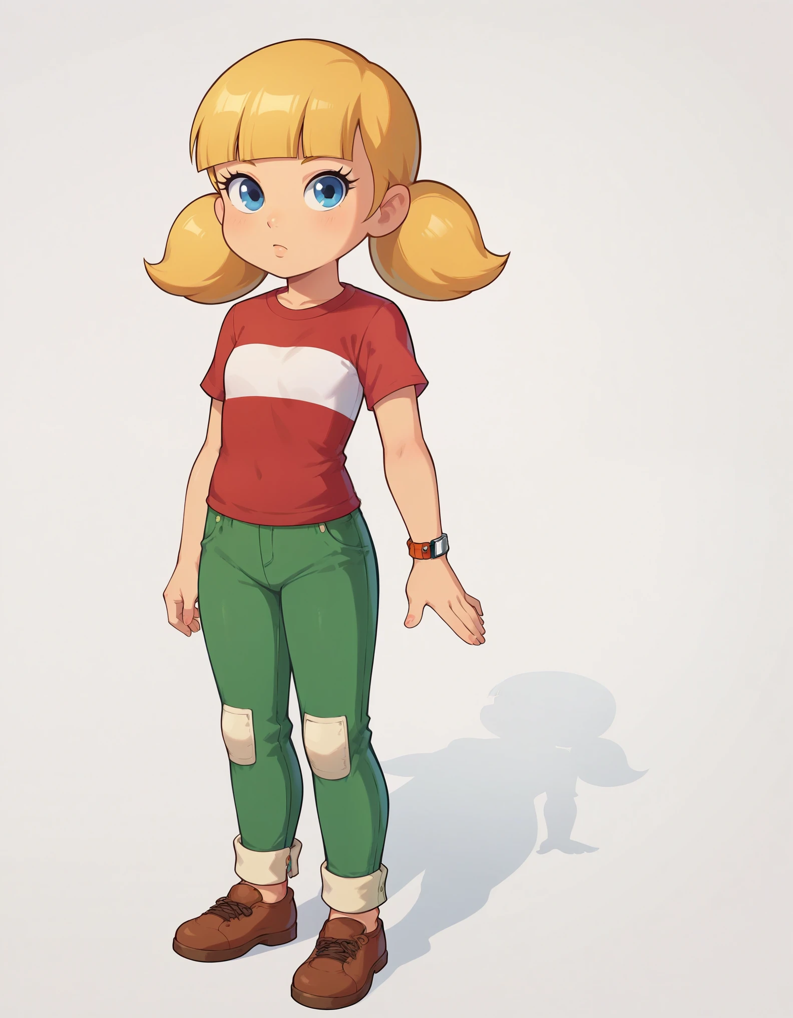 score_9, score_8, score_8_up, score_7_up, sgstyle, BREAK, 1girl, solo, female focus, 1girl, penny_ig, BREAK, 
1girl, chibi, 
penny, blonde hair, twintails, blunt bangs, blue eyes,
red shirt, short sleeves, green pants, reinforced knee, brown shoes, wristwatch,
standing, full body, solo, looking at viewer, simple background, white background 