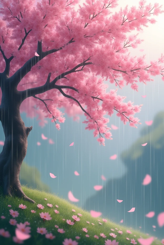 Make me a wallpaper with pretty flowers falling from a pink tree and rain