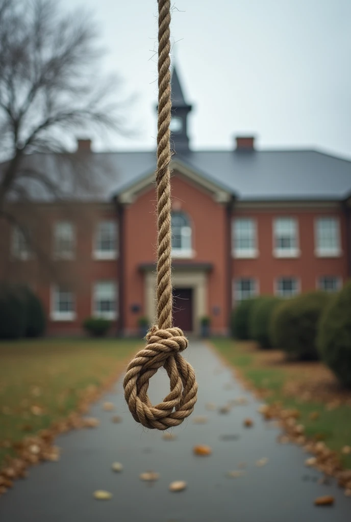 a rope over a picture of a school signifying the suicide of a person at the school