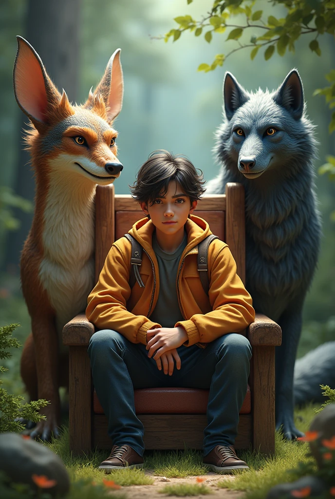A 20 yera boy shet on chair name mithun dragan and wolf are near