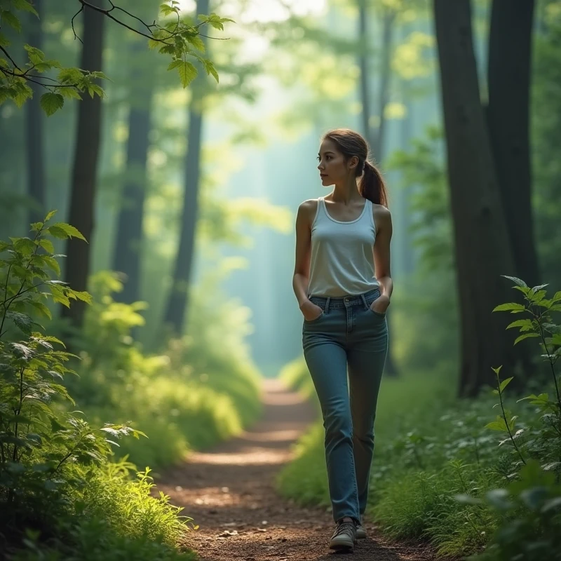 Create A 35 year old woman, standing at the beginning of a trail in a forest, looking at front. The image must have natural lighting, with shades of green and light blue, conveying tranquility and hope, without explicit mystical elements.