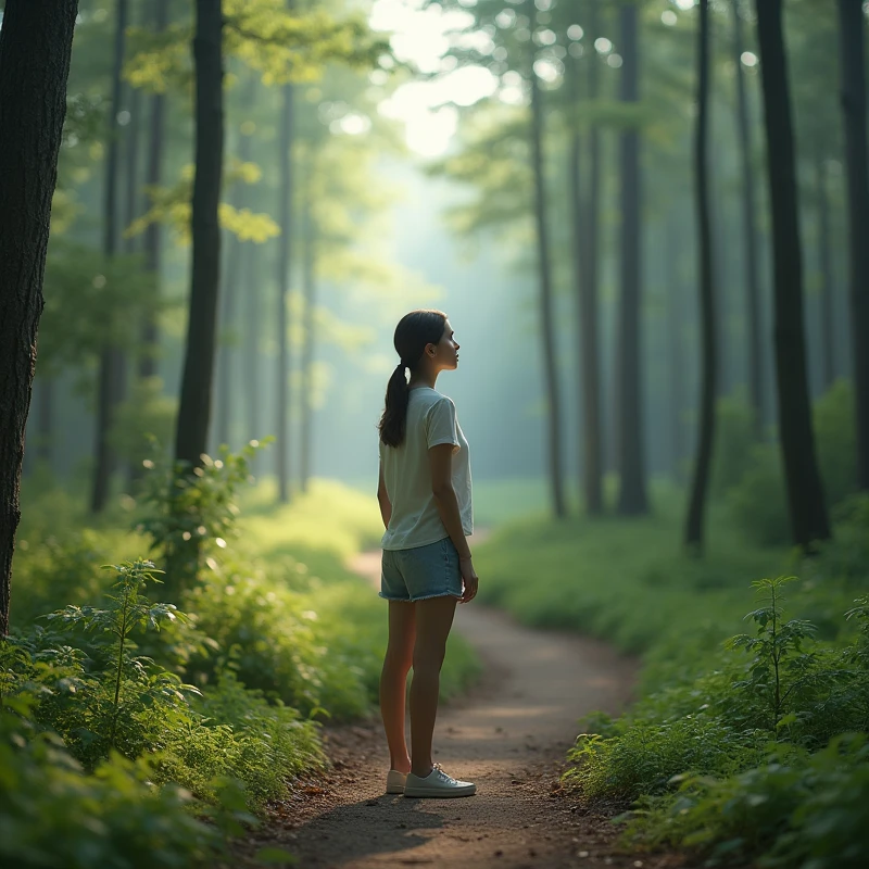 Create A 35 year old woman, standing at the beginning of a trail in a forest, looking at front. The image must have natural lighting, with shades of green and light blue, conveying tranquility and hope, without explicit mystical elements.