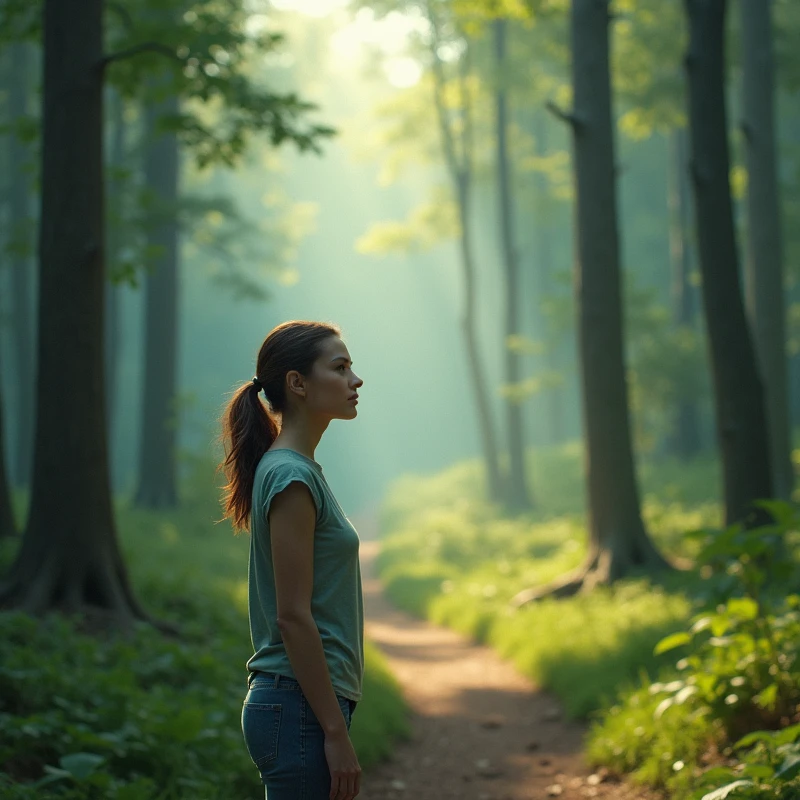 Create A 35 year old woman, standing at the beginning of a trail in a forest, looking at front. The image must have natural lighting, with shades of green and light blue, conveying tranquility and hope, without explicit mystical elements.
