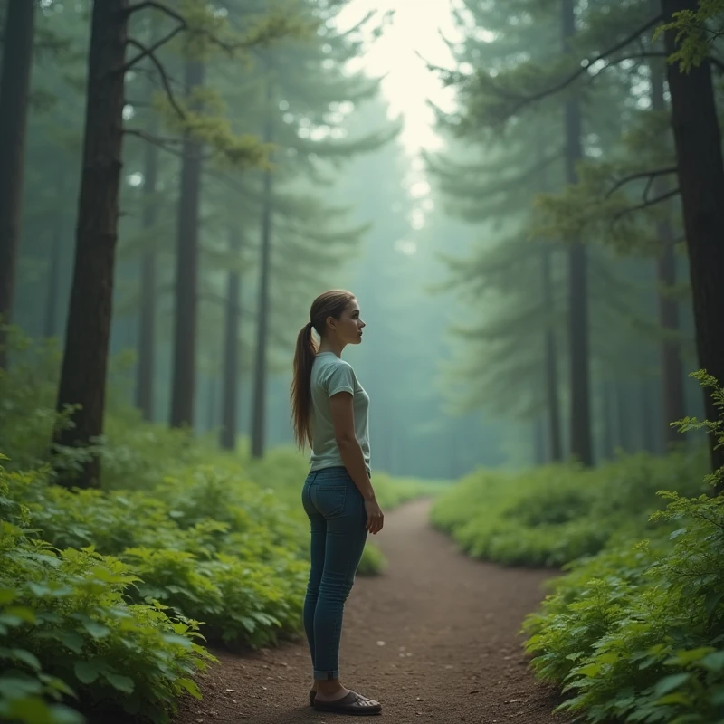 Create A 35 year old woman, standing at the beginning of a trail in a forest, looking at front. The image must have natural lighting, with shades of green and light blue, conveying tranquility and hope, without explicit mystical elements.